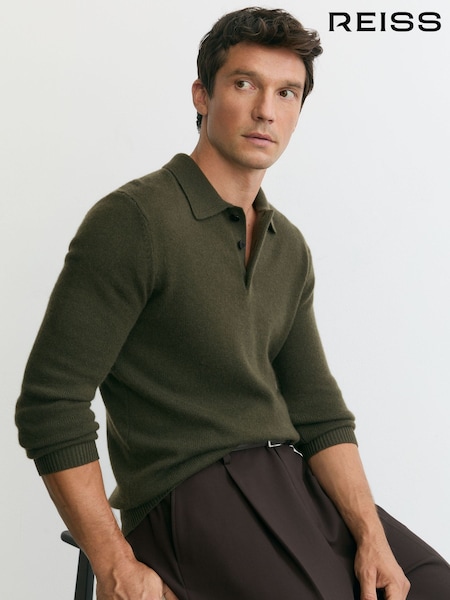 Dark Olive - Regular Reiss Daunton 100% Cashmere Half-button Polo Jumper