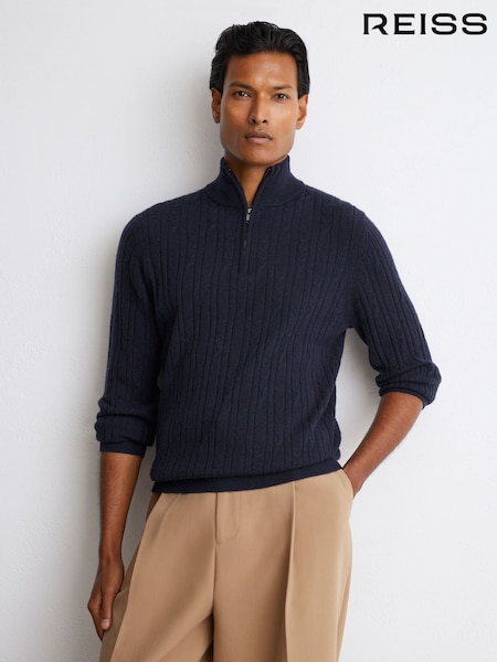 Navy - Regular Reiss Howard Cashmere Cable-knit Half-zip Jumper