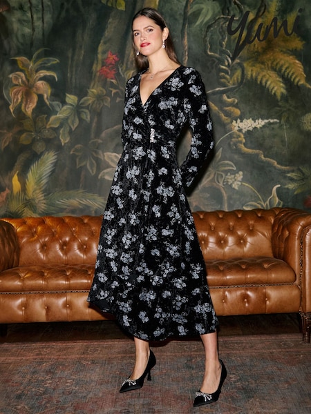 Μαύρο - Yumi Floral Velvet Midi Wrap Dress