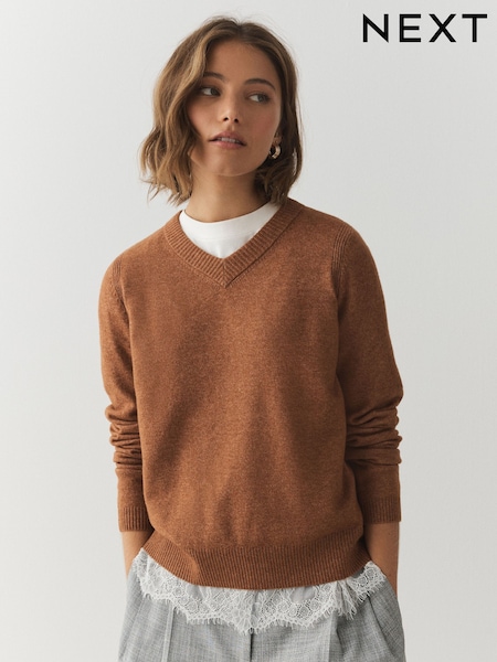 ត្នោត - Supersoft V-neck Long Sleeve Jumper