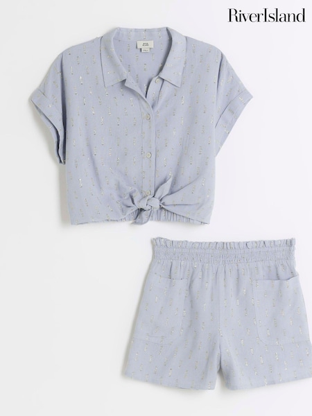 River Island Blue Girls Tie Front Linen 100% Cotton Set (781703) | AED146