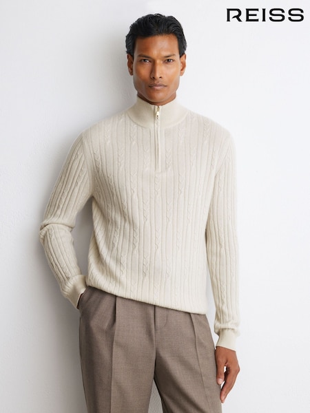 Parchment Grey - Regular Reiss Howard Cashmere Cable-knit Half-zip Jumper