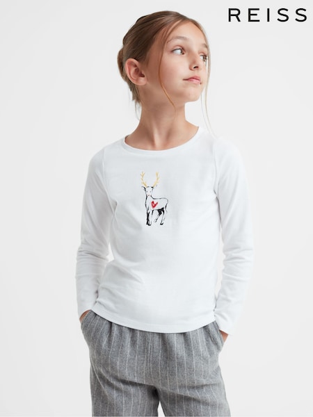 Reiss White Marli 4-9 yrs Cotton Reindeer Long Sleeve T-Shirt (782234) | AED130