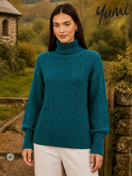 Bleu - Yumi Cable Knit Roll Neck Jumper