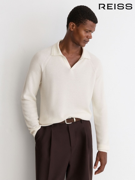 White - Regular Reiss Spence Textured-knit Open-collar Jumper With Wool