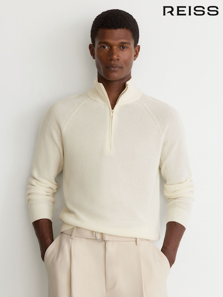 Blanco - Regular Reiss Tristan Textured-knit Funnel-neck Half-zip Jumper With Wool