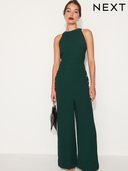 Green Button Detail Wide Leg Crepe Jumpsuit (783202) | €33