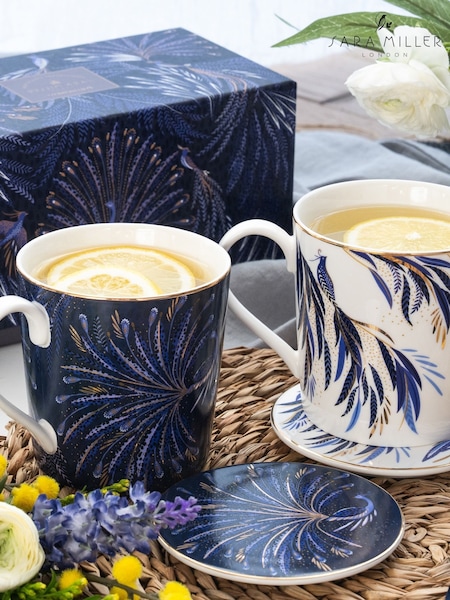Sara Miller Set Of 2 Anniversary Mugs & Coaster Set