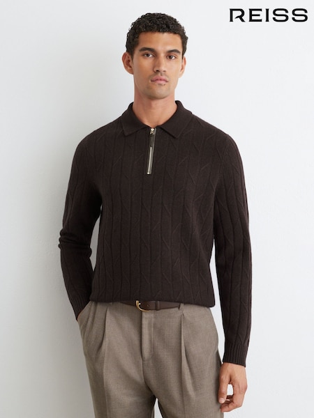 Marrón chocolate - Regular Reiss Barstow Wool Stitch-detail Half-zip Polo Jumper