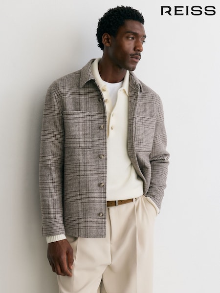 Brown - Regular Reiss Gano Check Wool-blend Check Twin-pocket Overshirt
