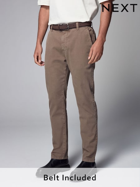 Tan Brown Slim Fit Belted Soft Touch Textured Trousers (785129) | €51