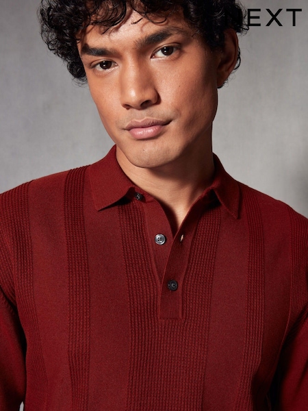 Rust Red/Orange Regular Fit 100% Cotton Knitted Textured Stripe Polo Shirt (785220) | €12