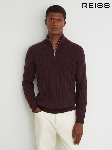 Bordeaux Melange - Regular Reiss Howard Cashmere Cable-knit Half-zip Jumper