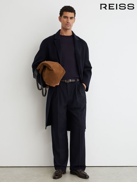 Navy - Regular Reiss Farrel Wool-blend Flannel Relaxed-fit Pleated Trousers