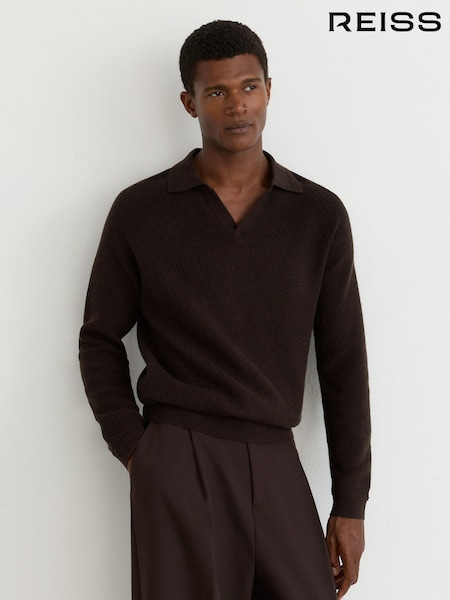 Chocolate Brown - Regular Reiss Spence Textured-knit Open-collar Jumper With Wool