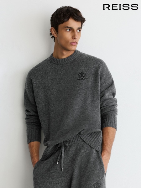 Charcoal Grey - Regular Reiss Archibald Monogram Embroidered Relaxed Wool Jumper