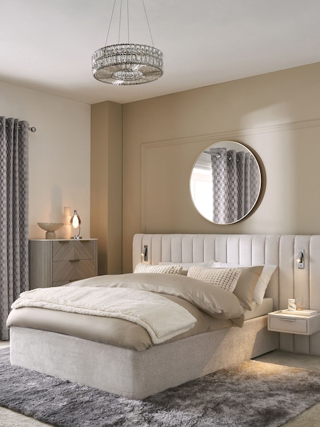 Plush Chenille Natural Oyster Mayfair Upholstered Hotel Bed Frame with Ottoman Storage Bedside Tables and Lights (7866L5) | €1,550 - €1,800