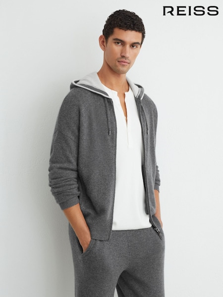Орташа сұр меланж - Regular Reiss Thomas Cashmere-blend Contrast-hood Zipped Hoodie