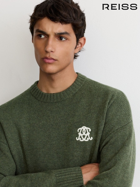 Dark Green - Regular Reiss Archibald Monogram Embroidered Relaxed Wool Jumper
