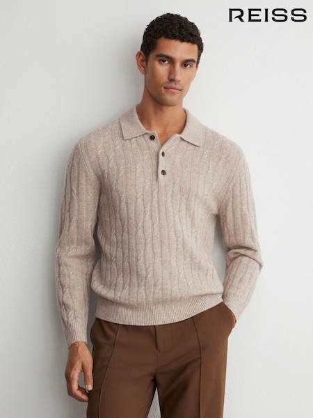 Oatmeal - Regular Reiss Hutton 100% Cashmere Cable-knit Polo Jumper