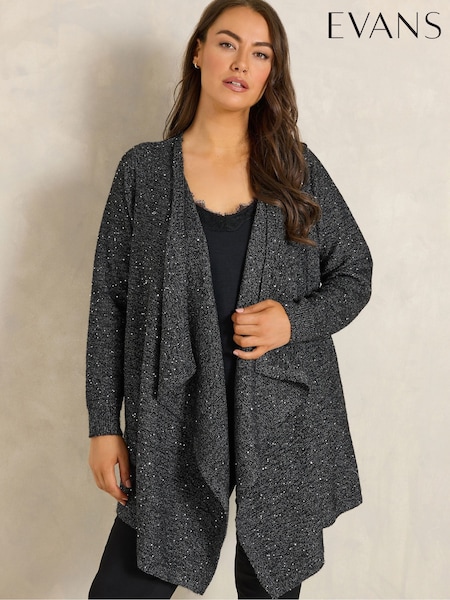 Black - Evans Sequin Yarn Waterfall Cardigan