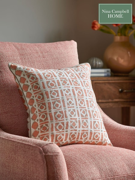 Nina Campbell Coral Pink 100% Cotton Batik Check Cushion (787466) | €40