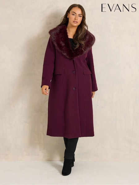أرجواني - Evans Faux Fur Collar Coat