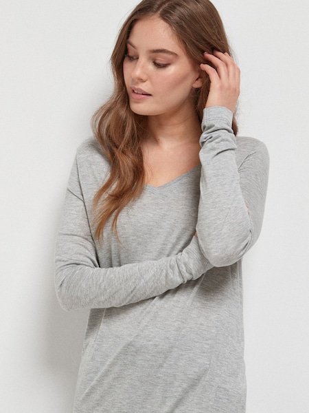 Grey Marl Print Slouch V-Neck Long Sleeve T-Shirt (787791) | OMR2
