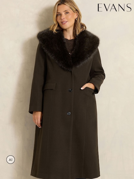 بني - Evans Faux Fur Collar Coat