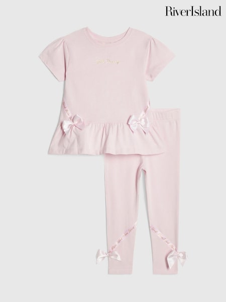 Pink - River Island Satin Bow T-shirt & Legging Set