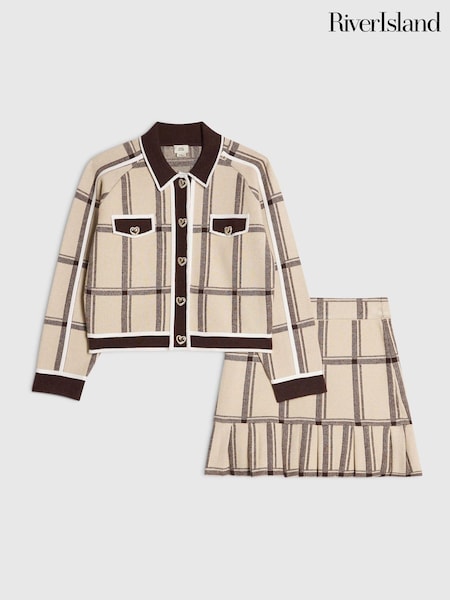 Cream - River Island Check Cardigan & Skirt Set