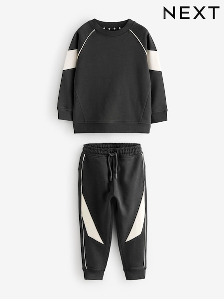 أسود/بيج فاتح - Panel Crew Neck 100% Cotton Sweatshirt and Joggers Set (3-16yrs) (788622) | ‏99 د.إ.‏ - ‏ 128‏ د.إ.