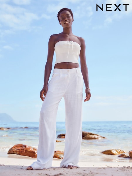 White Linen Blend Wide Leg Trousers (788771) | AED9