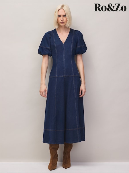 Blue - Ro&zo Denim Puff Sleeve Midi Dress