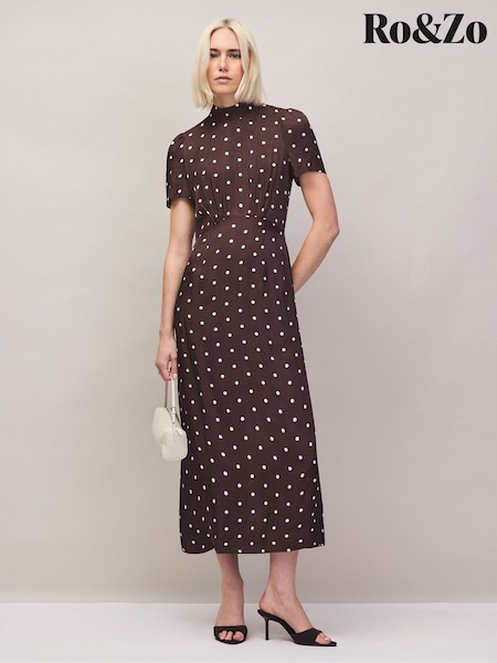 Brown - Ro&zo Polka Dot Puff Sleeve Dress