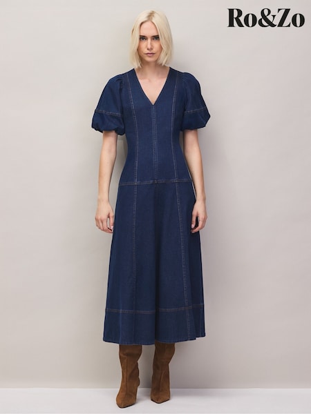 Blue - Ro&zo Denim Puff Sleeve Midi Dress