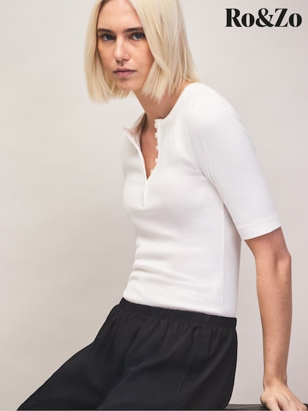 ホワイト - Ro&zo Ribbed Short Sleeve Henley Top