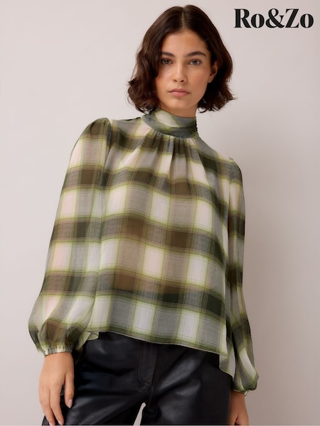 グリーン - Ro&zo Check High Neck Chiffon Blouse