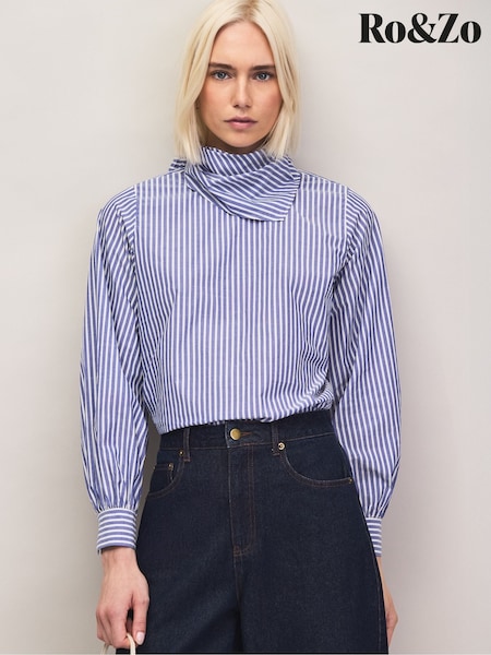 Blue - Ro&zo Stripe Tie Up Neck Cotton Blouse