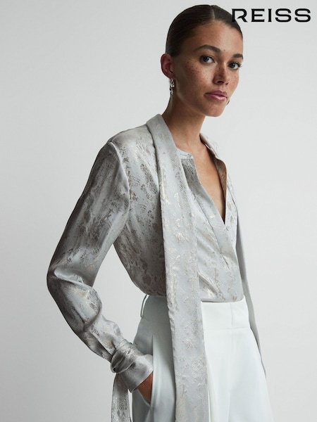 Reiss Silver Palma Premium Metallic Removable Tie Detail Blouse (789393) | €300