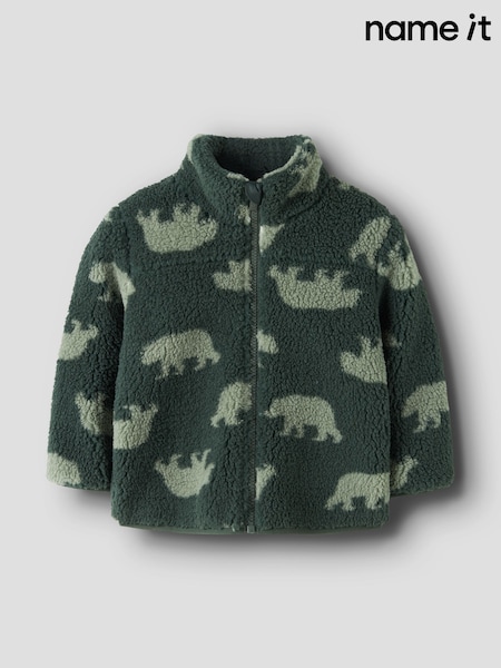 Green - Name It Bear Printed Teddy Fleece Jacket