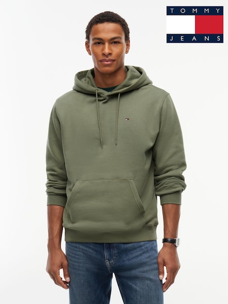 Grøn - Regular Tommy Jeans Flag Embroidery Fleece Drawstring Hoodie