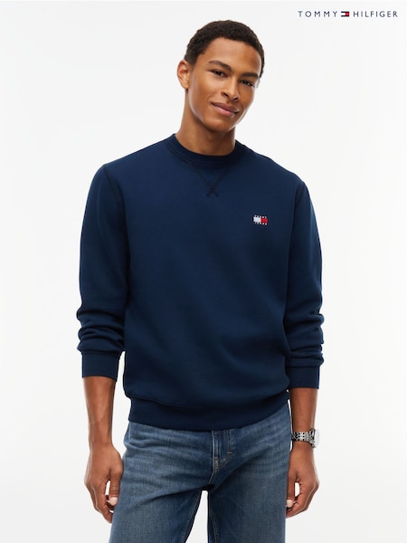 Blue - Regular Tommy Hilfiger Badge Fleece Crew Neck Sweatshirt