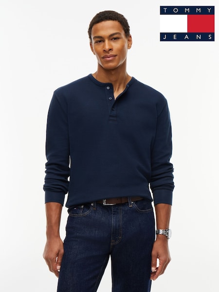 Blue - Regular Tommy Jeans Washed Waffle Knit Henley Long Sleeve T-shirt