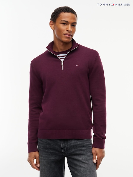 Red - Regular Tommy Hilfiger Flag Lightweight Slim Quarter-zip Jumper