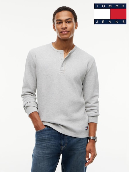 Grey - Regular Tommy Jeans Washed Waffle Knit Henley Long Sleeve T-shirt