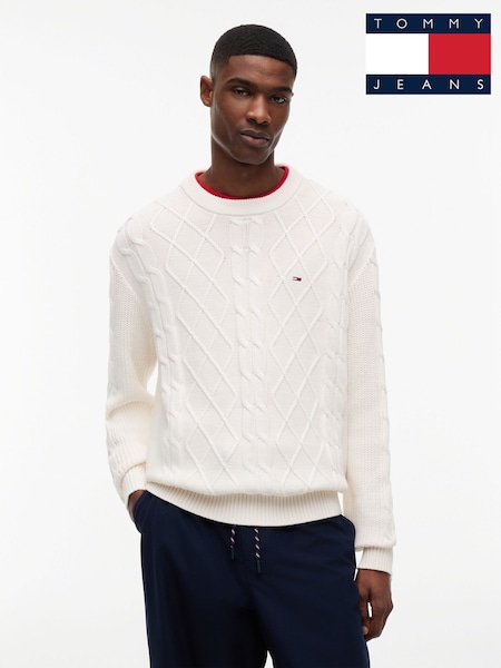Alb - Regular Tommy Jeans Tommy Flag Cable Knit Jumper
