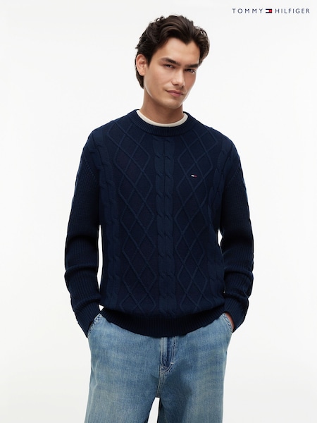 Blue - Regular Tommy Hilfiger Tommy Flag Cable Knit Jumper