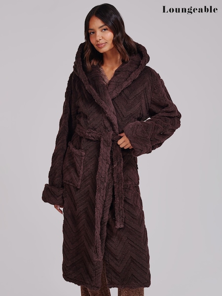 Brown - Loungeable Chevron Luxury Plush Fleece Midi Hooded Dressing Gown