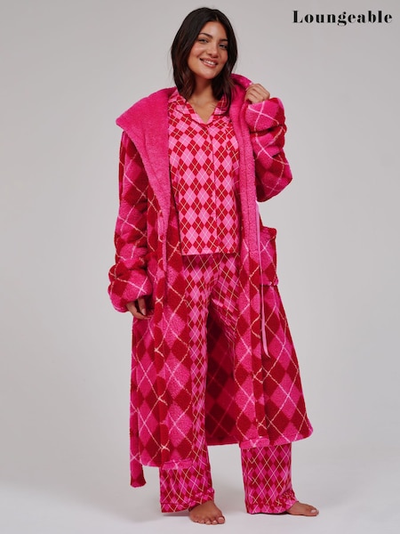 Pink - Loungeable Argyle Cosy Borg Fleece Hooded Dressing Gown